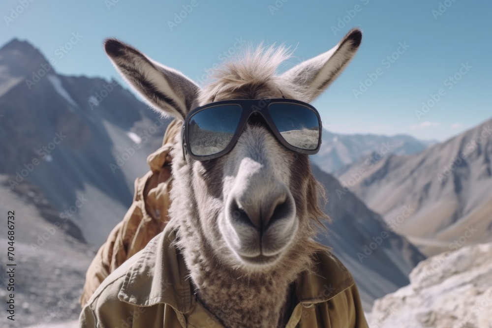 a donkey dressed as a climber who conquers mount