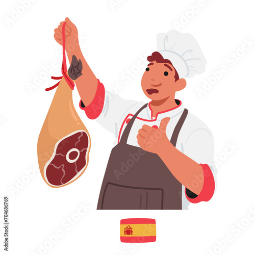 Spanish Chef Displays Culinary Artistry With A Raw Pig Leg, Showcasing Expertise In Traditional Spanish Cuisine