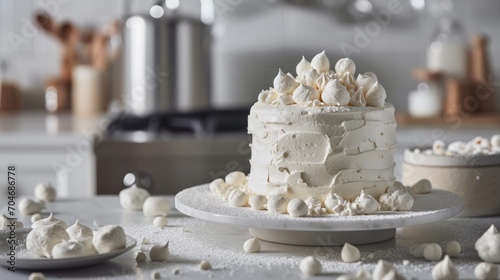  a close up of a cake on a plate on a table with marshmallows scattered around the cake.