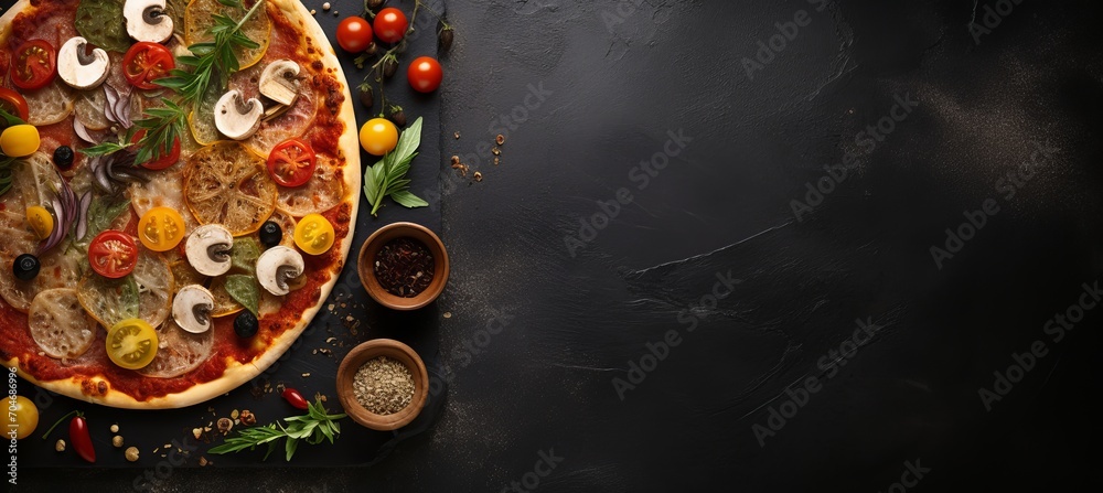 Gourmet pizza on black stone with top view, fresh ingredients, and empty space for text Gourmet pizza on black stone with top view, fresh ingredients, and empty space for text