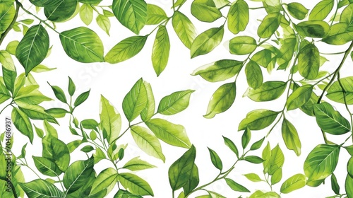  a close up of a green leafy pattern on a white background with green leaves on the left side of the image. © Anna