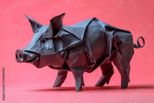 Black origami pig on pink background 