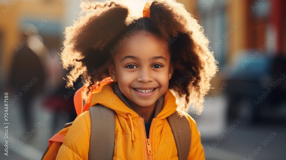 Portrait of a happy African American school girl with a bright smile wearing a yellow jacket and backpack Portrait of a happy African American school girl with a bright smile wearing a yellow jacket and backpack