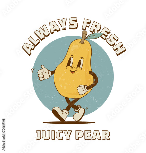 Retro cartoon pear character for packaging, print, advertising. Vintage fresh fruit mascot vector illustration.
