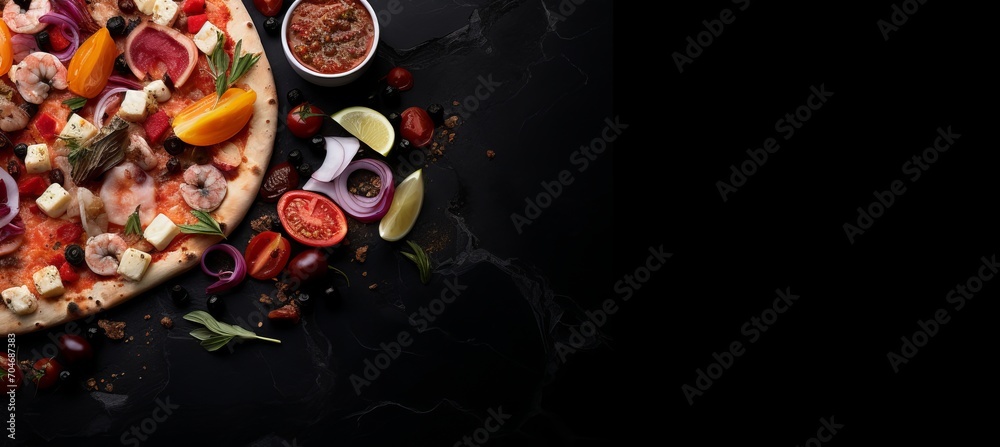 Delicious pizza on black stone with top view and ingredients, empty space for text on left side
