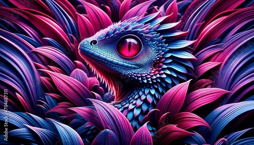 A detailed close-up of a mythical creature with dazzling pink and blue scales, nestled among layered indigo leaves. Its radiant red eye shines with intensity, complementing the surrounding hues.  photo