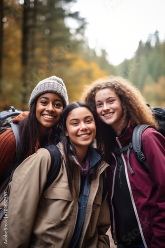 Three happy young women hiking in the woods