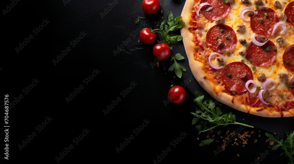 Savory pizza on black stone, top view, mouthwatering toppings, left side space for text