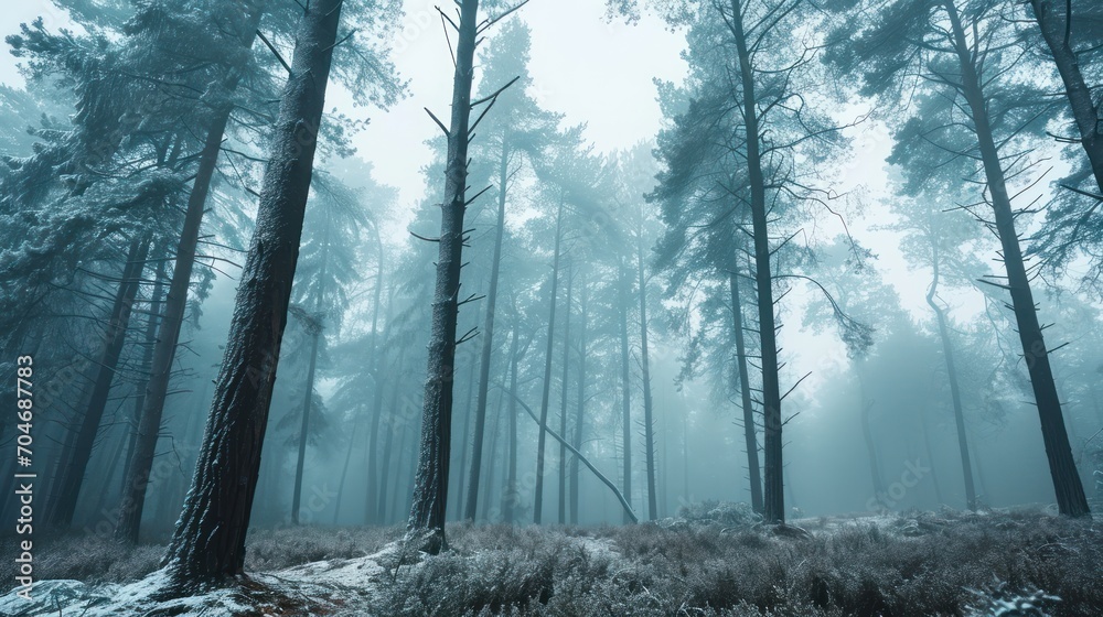 a forest filled with lots of tall pine trees covered in a blanket of fog and smudges of snow. a forest filled with lots of tall pine trees covered in a blanket of fog and smudges of snow.