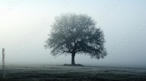  a lone tree in the middle of a field on a foggy day in the middle of a field on a foggy day.