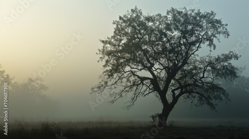  a foggy field with a lone tree in the foreground and a few trees in the background in the foreground.