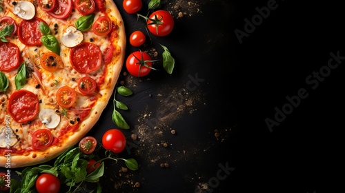 Delicious pizza with fresh ingredients on black stone, top view, empty space for text on left side