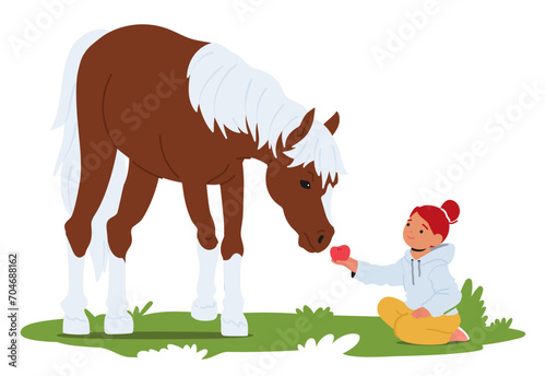 Joyful Little Girl Extends An Apple To A Gentle Horse In A Sunlit Summer Field, Their Connection Framed By Greenery