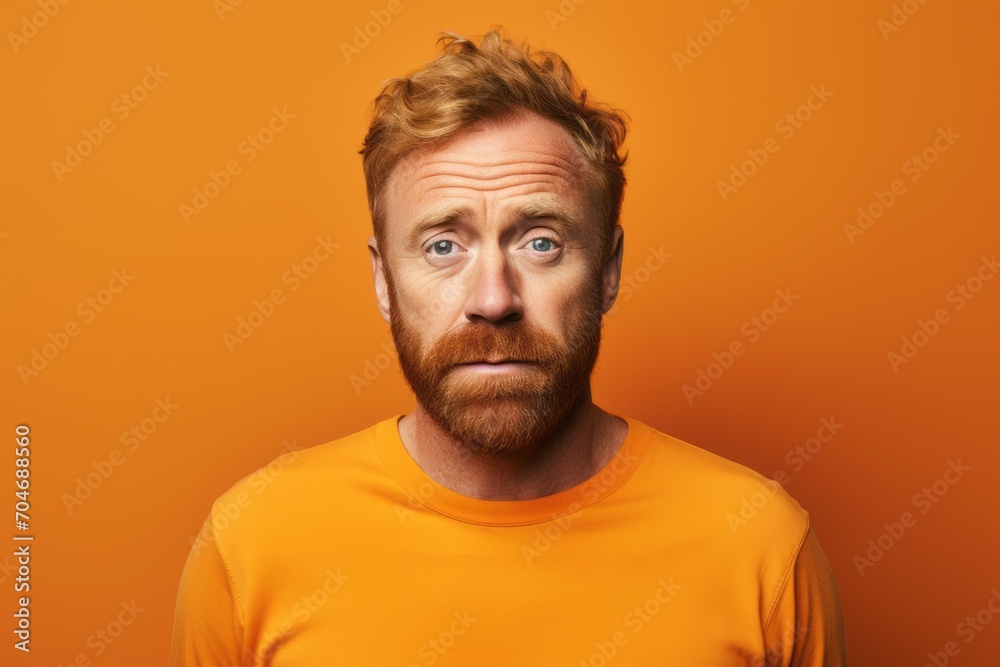 Funny red-haired man in orange t-shirt on orange background Funny red-haired man in orange t-shirt on orange background