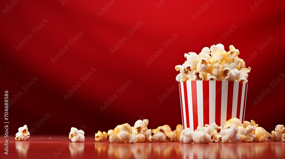 Striped popcorn box filled with freshly popped popcorn on red gradient background with empty space