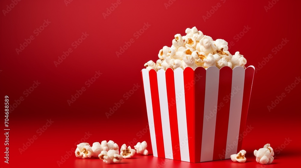 Vibrant striped popcorn box on textured red gradient background with abundant empty space for copy