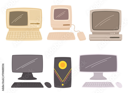 Computer Evolution From Massive Machines To Powerful Devices. Advancements In Size, Speed, And Capability, Vector Set