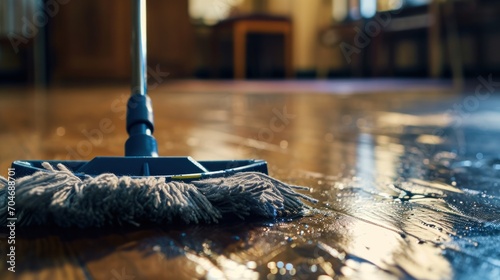  a mop sitting on top of a hard wood floor next to a wooden floor with a wet mop on top of it.
