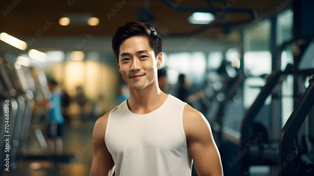 Close up image of attractive smiling fit asian man in gym. wellness and healthy lifestyle with gym. Personal trainer