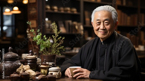Portrait of a wise old Asian man sitting at a table