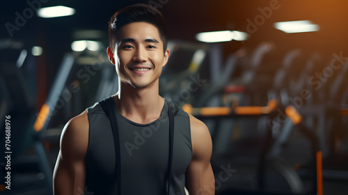 Close up image of attractive smiling fit asian man in gym. wellness and healthy lifestyle with gym. Personal trainer