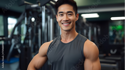 Close up image of attractive smiling fit asian man in gym. wellness and healthy lifestyle with gym. Personal trainer