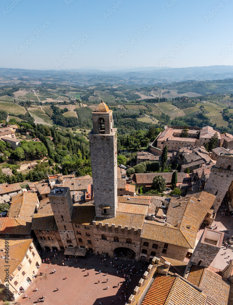 Wide panoramic view over downtown San Gimignano, Torre Rognosa in the center, seen from Torre Grosso