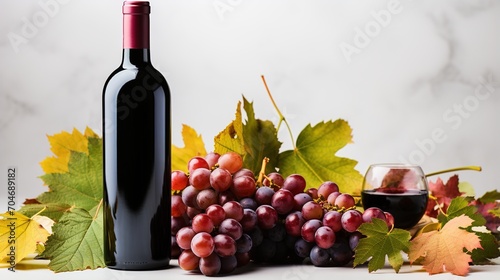 A bottle of red wine with a bunch of red grapes and autumn leaves