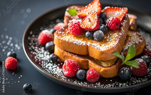 French toast with powdered sugar and berries.