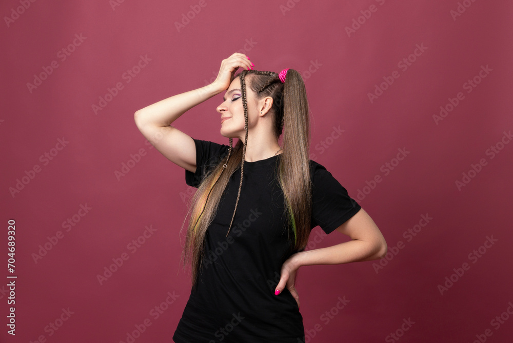 Closeup photo of amazing short hairdo lady looking up empty space deep thinking creative person Closeup photo of amazing short hairdo lady looking up empty space deep thinking creative person