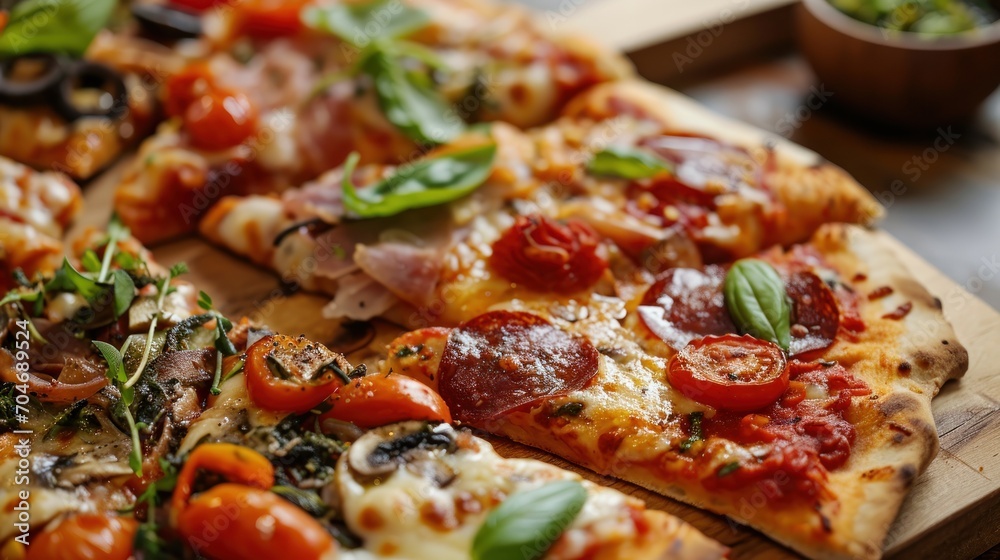 a pizza sitting on top of a wooden cutting board covered in cheese and pepperoni and other veggies. a pizza sitting on top of a wooden cutting board covered in cheese and pepperoni and other veggies.