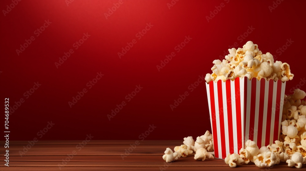 Striped popcorn box with popcorn on red gradient background, ample empty space for creativity