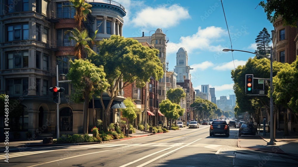 Obraz premium City street with cars and trees