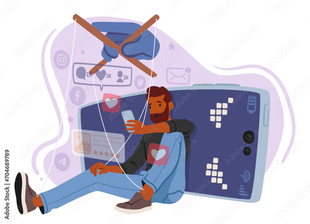 Marionette Of Addiction, Strings Entwined With A Cellphone, Portraying A Man Enslaved To The Digital World, Vector Marionette Of Addiction, Strings Entwined With A Cellphone, Portraying A Man Enslaved To The Digital World, Vector