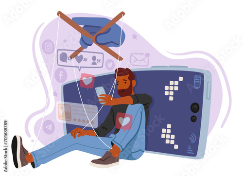 Marionette Of Addiction, Strings Entwined With A Cellphone, Portraying A Man Enslaved To The Digital World, Vector