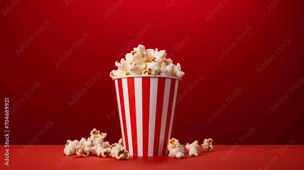 Striped popcorn box on red gradient background with ample negative space for design versatility