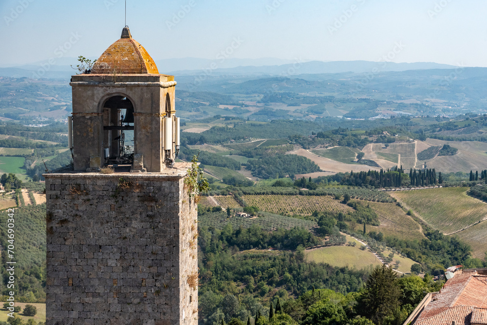 Wide panoramic view over downtown San Gimignano and Torre Rognosa, seen from Torre Grosso