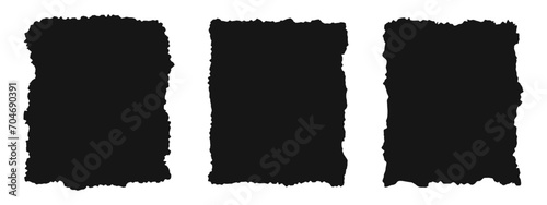 Set of jagged paper textures. Black rectangle shapes with ripped edges. Empty ragged text box, label, tag, patch, collage element templates isolated on white background. Vector graphic illustration.