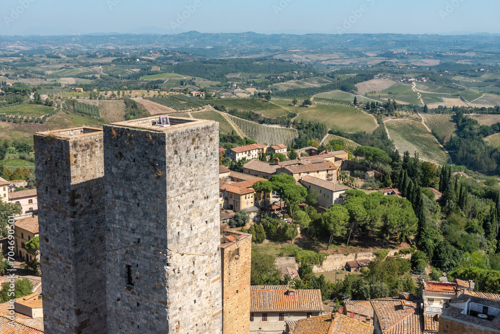 Wide panoramic view over downtown San Gimignano, Torri dei Salvucci in the center, seen from Torre Grosso