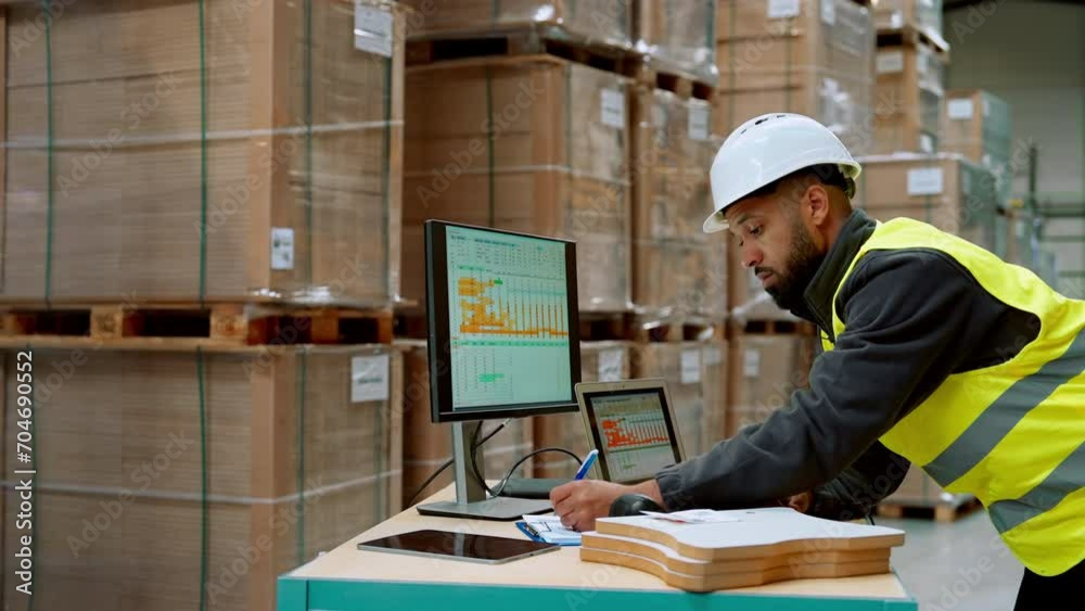 Warehouseman checking delivery, stock in warehouse on computer, pc. Warehouse manager using warehouse management software, app.