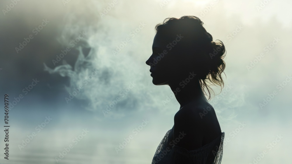  a woman standing in front of a body of water with smoke coming out of her head and a bird flying above her head. - obrazy, fototapety, plakaty 
