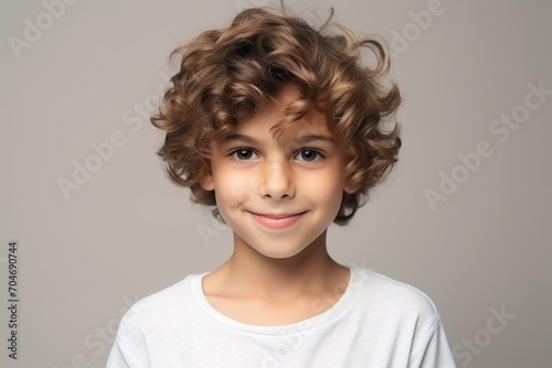 portrait of a cute little boy with curly hair over grey background photo