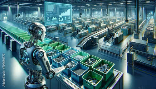 Futuristic recycling facility with AI-driven robots sorting materials photo
