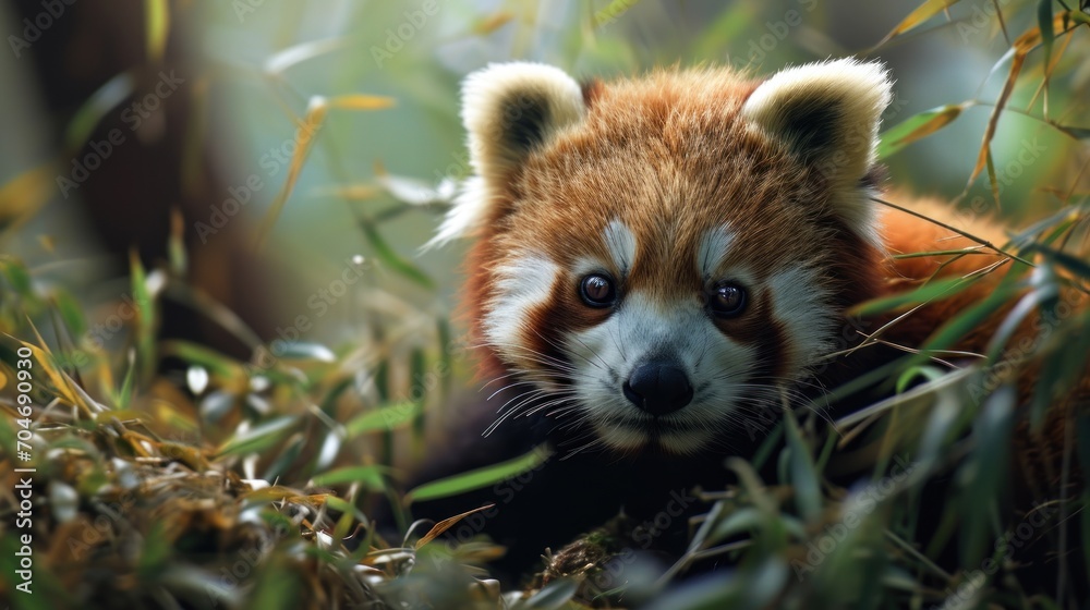 Obraz premium a close up of a red panda bear laying in a field of grass and looking at the camera with a sad look on its face.