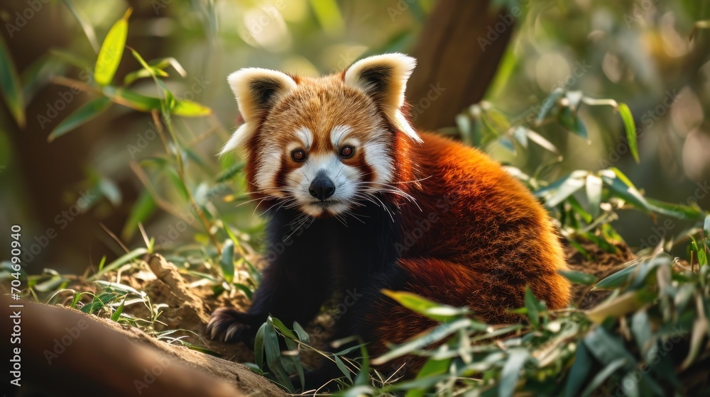 Obraz premium a close up of a red panda laying on the ground in a field of grass with trees in the background.