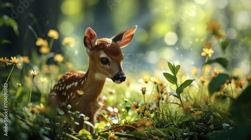  a small deer sitting in the middle of a field of grass and wildflowers with a blurry background.