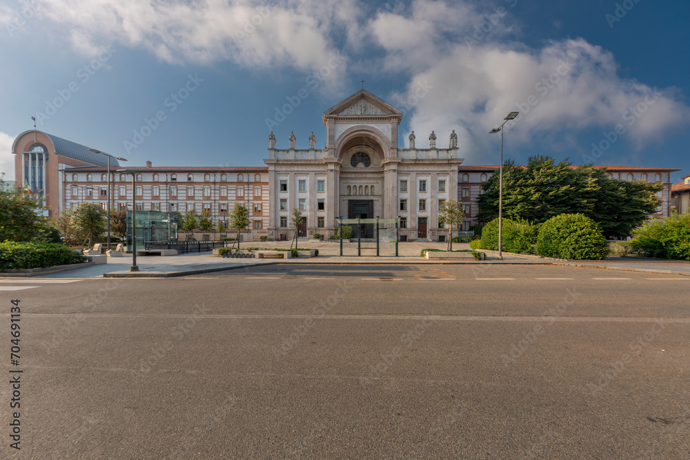 Alba, Italy - view of St. Paul's Square with the temple of St. Paul and the building housing the religious institute Societa San Paolo