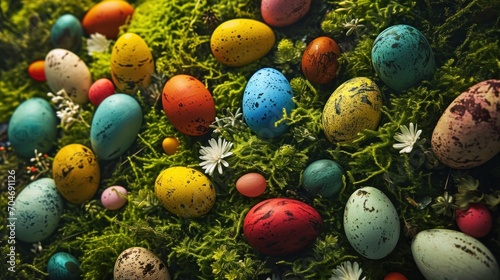  a group of colorful eggs sitting on top of a green moss covered ground with white daisies and daisies.