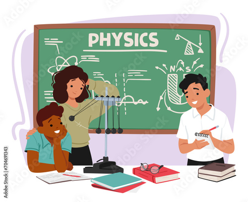 Excited Kids In A Physics Classroom Explore Kinetic Energy With Hands-on Experiments, Characters Discover The Wonders