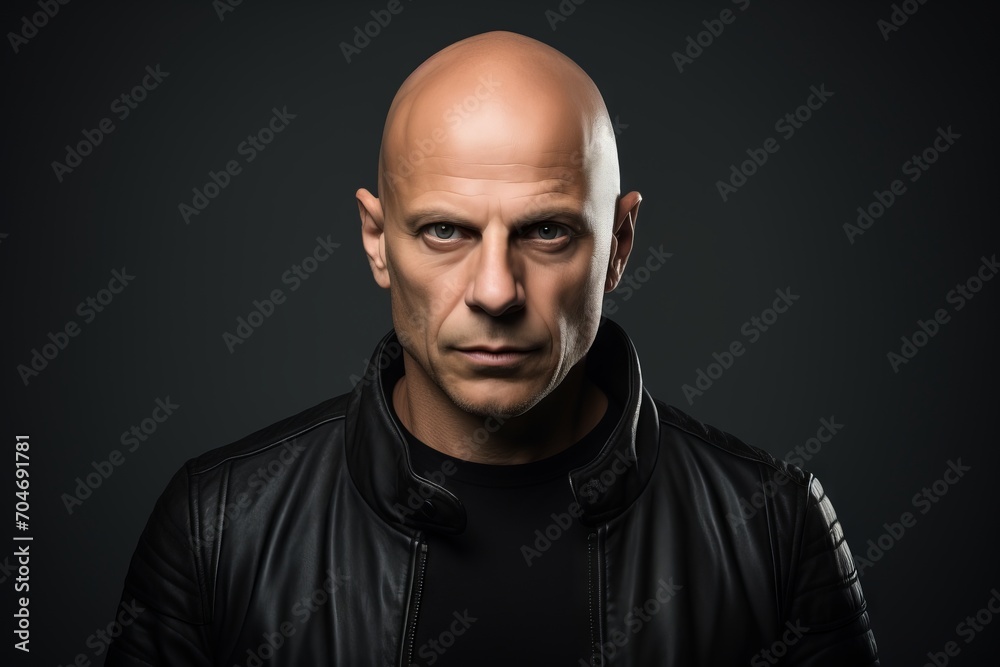 Portrait of a bald man in a black leather jacket on a dark background.